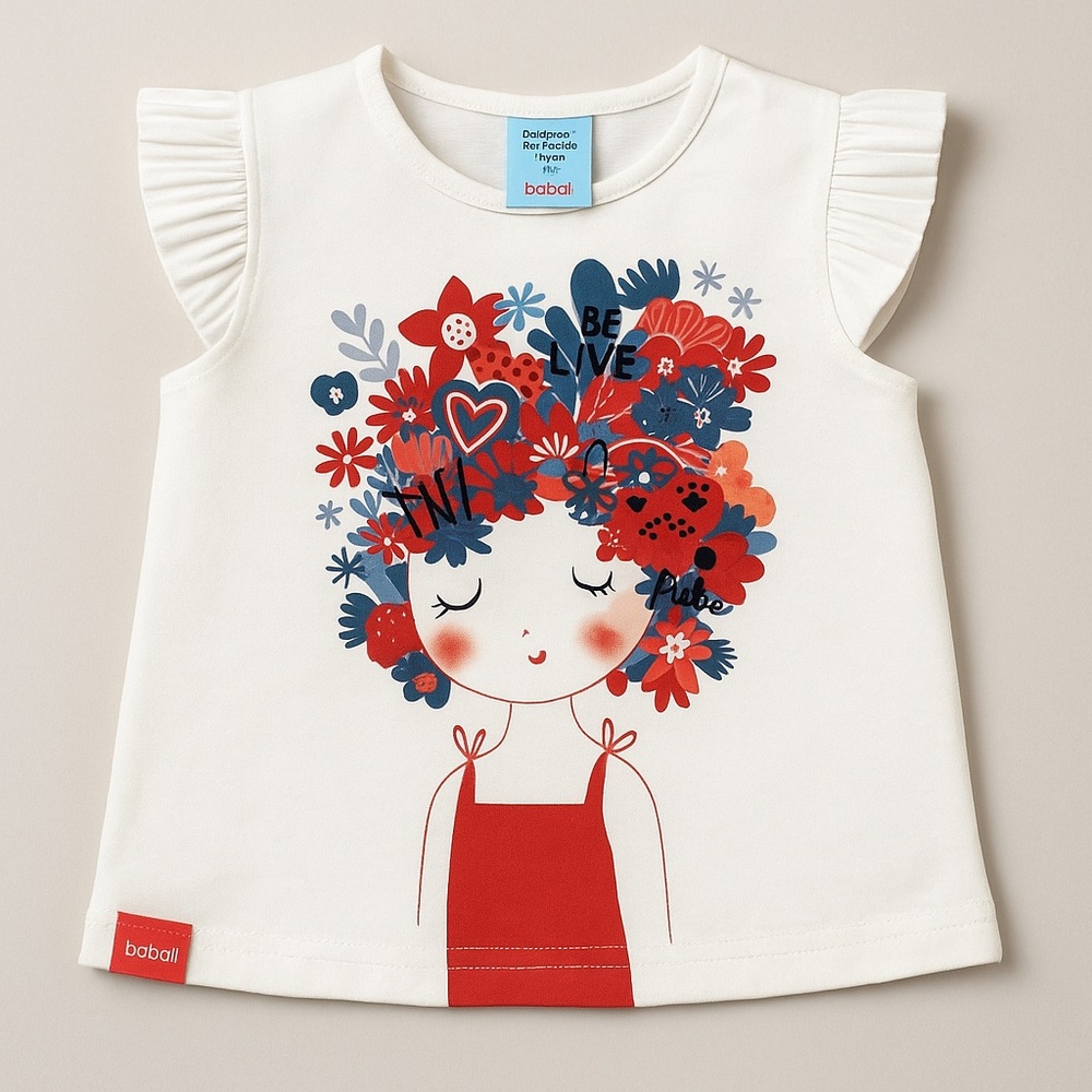 NWT Boboli Toddler Girl’s Graphic Tee White Floral Girly Ruffle Sleeves Size 18M